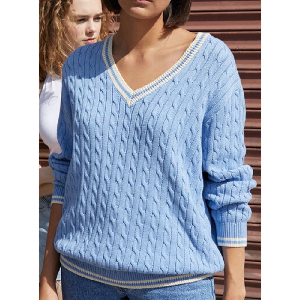 Brandy Melville John Galt Cable Knit Morgan Sweater Blue White Preppy One Size
